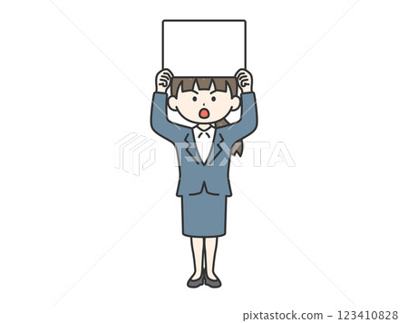 Illustration of a businesswoman (line drawing) holding a placard and demonstrating 123410828