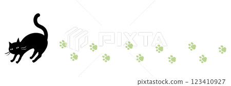 Black cat and green paw print line Black cat and green paw print line 123410927