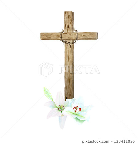 Wooden cross, crown of thorns and lilies watercolor composition isolated on white. Illustration perfect for Easter, Passover, Holy Thursday, christening baptism, wedding cards, stickers, church decor 123411056