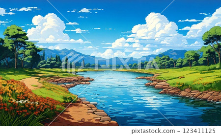 Retro game style natural pixel art background (road by the river at daytime) Generative AI Retro game style natural pixel art background (road by the river at daytime) Generative AI 123411125