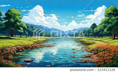 Retro game style natural pixel art background (road by the river at daytime) Generative AI 123411126