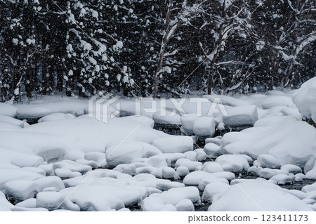 Snowy river scenery Snow caps on stones and forest scenery b-2 Low saturation, high contrast 123411173