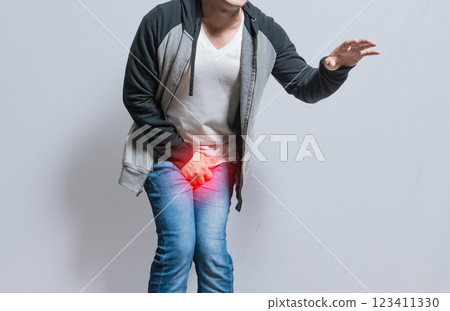 Urinary incontinence Medical problem. people with crotch pain, man with urinary problems, Man with hands on crotch with urinary problems 123411330