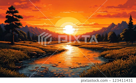 復古遊戲風格的自然像素藝術背景（傍晚的河邊道路）生成式人工智慧 123411431