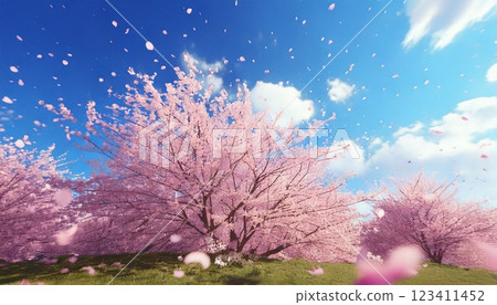 櫻花暴風雪，一排櫻花樹盛開，花瓣在藍天上翩翩起舞的插圖 123411452