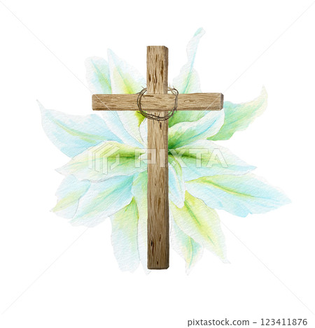 Wooden cross with crown of thorns and white lily watercolor composition isolated on white. Illustration perfect for Easter, Holy Thursday, christening baptism, wedding cards, stickers decor design Wooden cross with crown of thorns and white lily watercolor composition isolated on white. Illustration perfect for Easter, Holy Thursday, christening baptism, wedding cards, stickers decor design 123411876