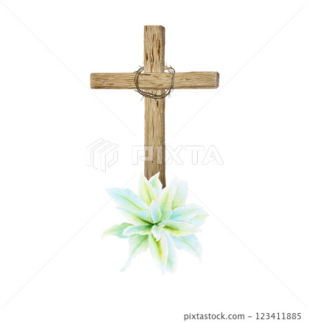 Wooden cross with crown of thorns and white lily watercolor composition isolated on white. Illustration perfect for Easter, Holy Thursday, christening baptism, wedding cards, stickers decor design 123411885