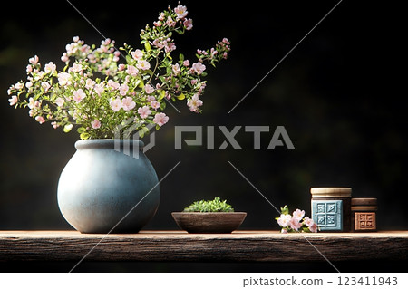 serene spring still life featuring pink blossoms in a rustic blue ceramic vase, 123411943