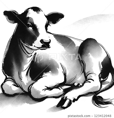 Cow ink painting style illustration 123412048
