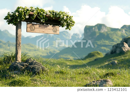 idyllic rustic wooden signpost with blooming flowers, set against a breathtaking mountain backdrop. idyllic rustic wooden signpost with blooming flowers, set against a breathtaking mountain backdrop. 123412101