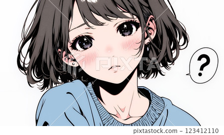 Scene with question marks: A young woman with doubts and question marks in her head 123412110