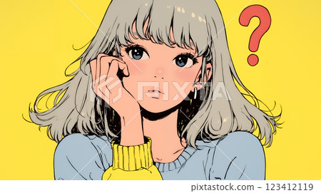 Scene with question marks: A young woman with doubts and question marks in her head Scene with question marks: A young woman with doubts and question marks in her head 123412119
