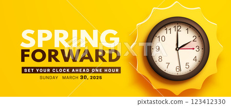 Spring Forward. Daylight saving time banner with wall clock Spring Forward. Daylight saving time banner with wall clock 123412330