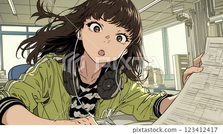 A young woman is surprised at the document 123412417