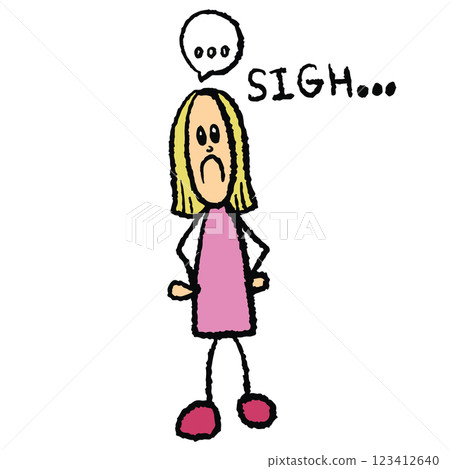 Hand drawn crayon illustration of grumpy girl sigh for expression, mood, emotion, decoration, human, people, back to school, cartoon character, comic, standee, mascot, cute patch, tattoo, sticker 123412640