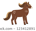 Flat cartoon illustration of a brown horse with a flowing mane and white spots on its body. The horse stands in profile with a slightly raised tail. Vector design on a white background 123412891