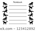 A black-and-white notebook page template with lined sections for writing. Features symmetrical horse silhouettes along the sides. Minimalist flat design 123412892