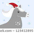 A gray horse wearing a Santa hat with white mane and snowflakes in the background. Winter holiday new year illustration in a flat cartoon style, christmas card 123412895