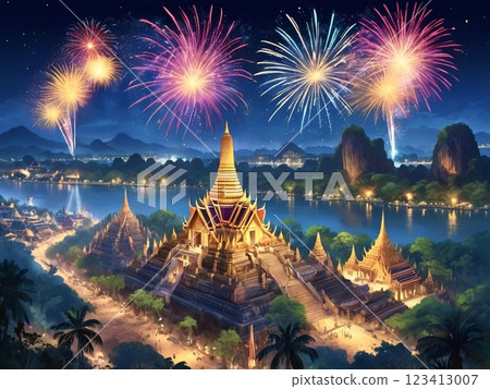 Asian temple and fireworks 123413007