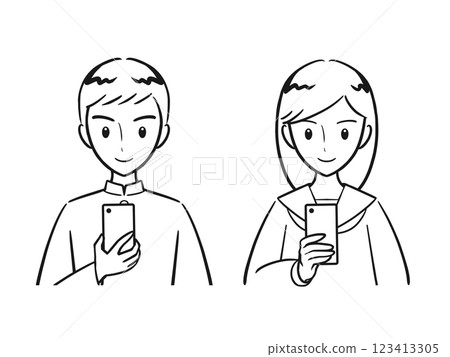 一群男女學生正在看智慧型手機螢幕（線畫） 123413305