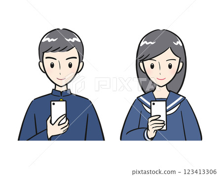 Set of male and female students looking at smartphone screens Set of male and female students looking at smartphone screens 123413306