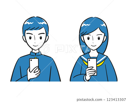 Set of male and female students looking at smartphone screens (simple) 123413307