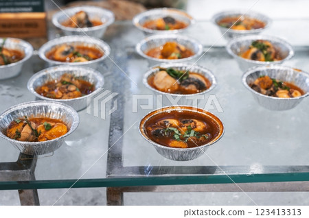 exotic Asian food duck egg balut with embryo for grilling in a buffet in Asian night market in Vietnam 123413313