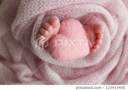 Soft feet of a new born in a wool pink blanket. Closeup of toes, heels and feet of a newborn. Knitted pink heart in the legs of baby. Macro studio photography The tiny foot of a newborn baby. Soft feet of a new born in a wool pink blanket. Closeup of toes, heels and feet of a newborn. Knitted pink heart in the legs of baby. Macro studio photography The tiny foot of a newborn baby. 123413408