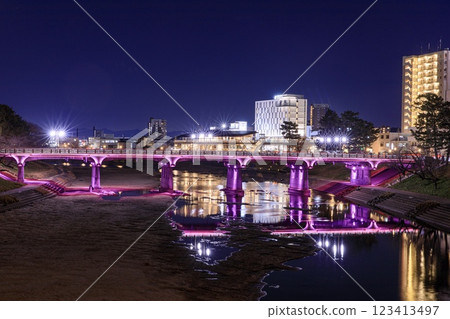 岡崎市明代橋和鳳川露台的夜景 岡崎市明代橋和鳳川露台的夜景 123413497