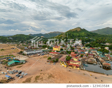 Drone view of Coron Town Proper in Palawan. Blue sky and clouds. Philippines. 123413584