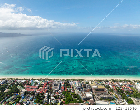 Scenic white sand beach with clear turquoise water in Boracay, Philippines. 123413586