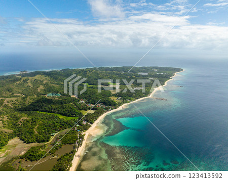 Tropical landscape of coastline with white sand and turquoise sea water. Santa Fe, Tablas, Romblon. Philippines. 123413592