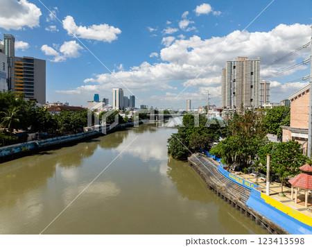 River between residential area in Metro Manila. Blue sky and clouds. Philippines. River between residential area in Metro Manila. Blue sky and clouds. Philippines. 123413598