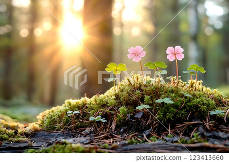 enchanting sunrise illuminates delicate pink flowers and lush green moss in a serene forest setting. 123413660