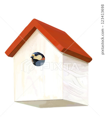 Birdhouse (red roof) with tit 123413698