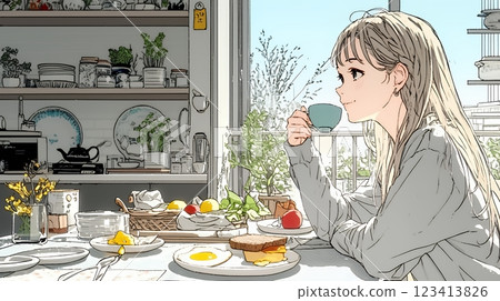 A young woman eating breakfast alone in a relaxed mood 123413826