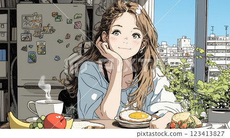 A young woman eating breakfast alone in a relaxed mood 123413827
