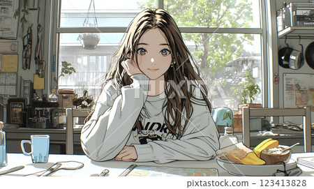 A young woman eating breakfast alone in a relaxed mood A young woman eating breakfast alone in a relaxed mood 123413828