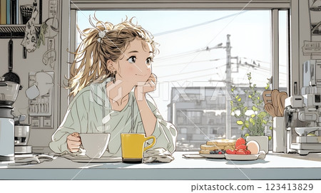 一位年輕女子獨自在輕鬆的心情中吃早餐 123413829