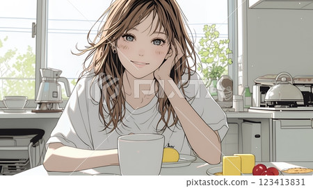 A young woman eating breakfast alone in a relaxed mood 123413831