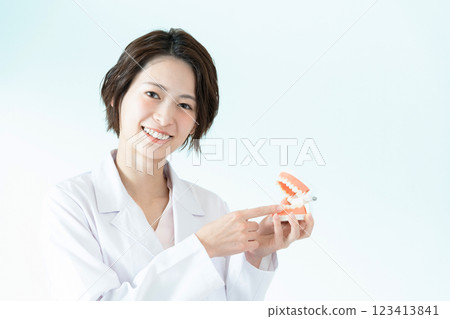Dentist woman holding a tooth model Dentist woman holding a tooth model 123413841