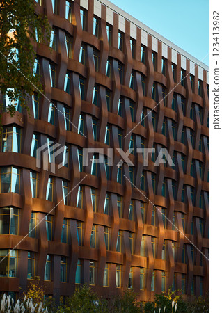 The Modern Architectural Facade Showcases Unique Patterns and Creative Aesthetic Elements The Modern Architectural Facade Showcases Unique Patterns and Creative Aesthetic Elements 123413982