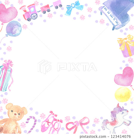 Cute watercolor baby frame with toys, gifts and balloons Cute watercolor baby frame with toys, gifts and balloons 123414076