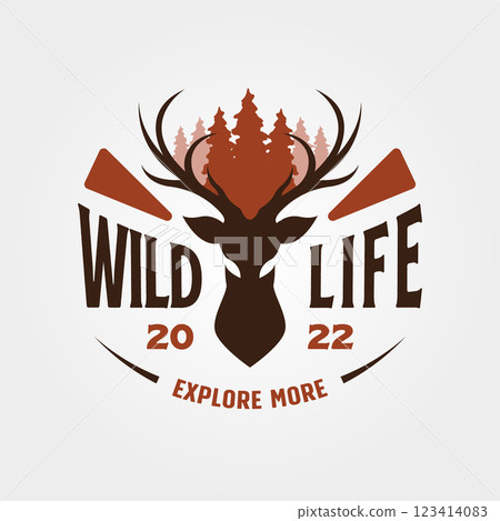 wild deer head logo vintage symbol illustration design, outdoor shirt print design 123414083