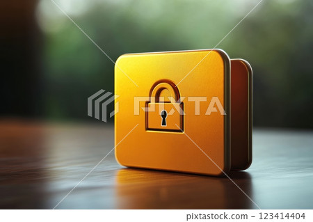 A gold colored box with a keyhole on the front 123414404