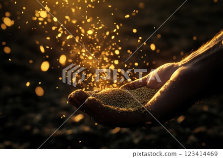 A hand holding a handful of sand with a bright light shining on it 123414469