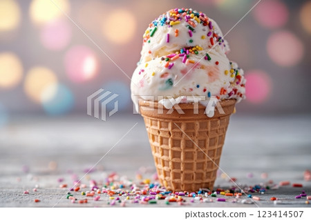A white ice cream cone with rainbow sprinkles on top 123414507