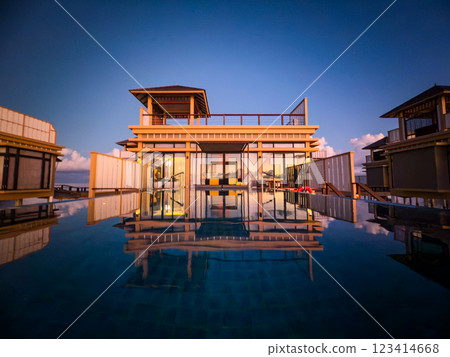 Sunset views from overwater pool villa in Maldives Sunset views from overwater pool villa in Maldives 123414668