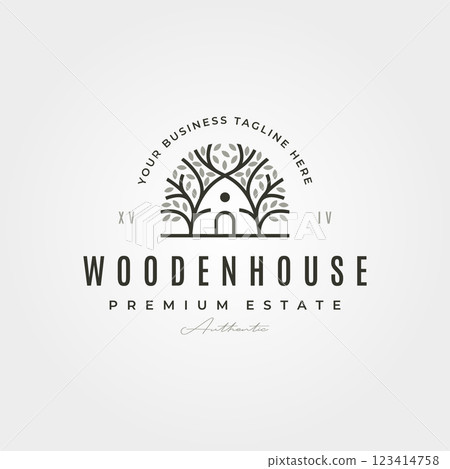 cabin tree creative logo vector symbol illustration design, wooden house minimal vintage design 123414758