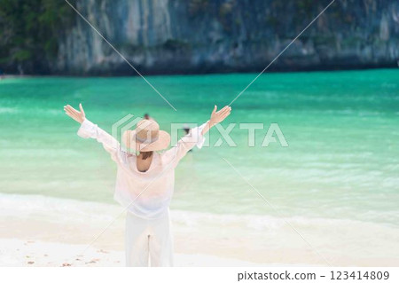 Woman tourist traveling and sightseeing in Krabi, Thailand. happy traveller enjoy on beach at koh Hong island. summer trip, destination, Southeast Asia Travel, vacation and holiday concept Woman tourist traveling and sightseeing in Krabi, Thailand. happy traveller enjoy on beach at koh Hong island. summer trip, destination, Southeast Asia Travel, vacation and holiday concept 123414809